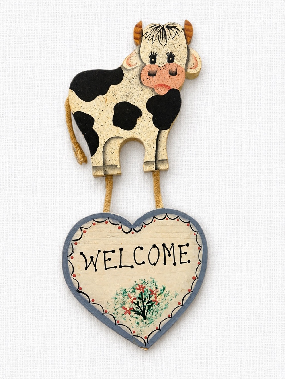 vintage 90s Handmade Wooden Cow Welcome Sign Rustic Farmhouse Wall Hanging